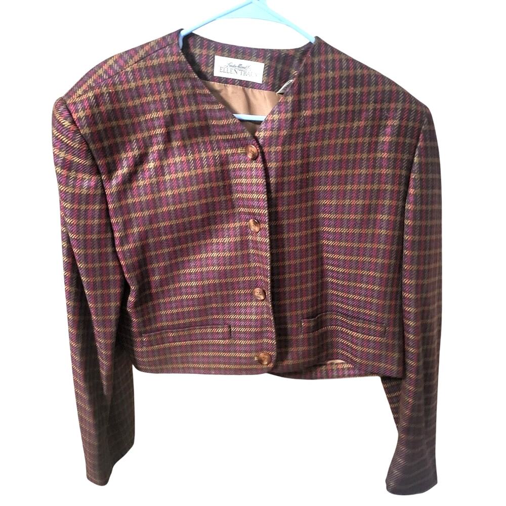 Vintage Linda Allard for Ellen Tracy Plaid Cropped Wool Blazer - Size 12